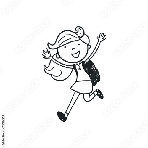 Happy school girl with backpack jumping doodle illustration in vector on isolated white background