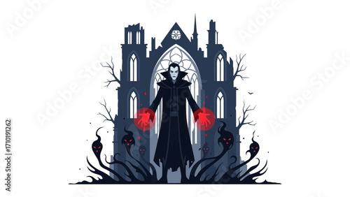 Shadowy Sorcerer's Domain: A dark illustration presents a captivating sorcerer amidst a gothic architectural backdrop, radiating an aura of magic and mystery.