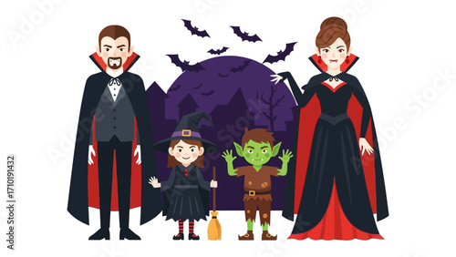 Family Halloween Fun: A festive family dressed up in Halloween costumes, posing against a backdrop of spooky decorations including bats, a giant moon, and a magical setting.