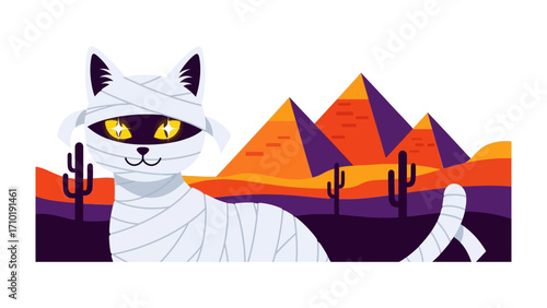 Mummy Cat and Pyramid Illustration: A cartoon mummy cat stands before pyramids at sunset. Capturing a whimsical scene of a Halloween adventure.