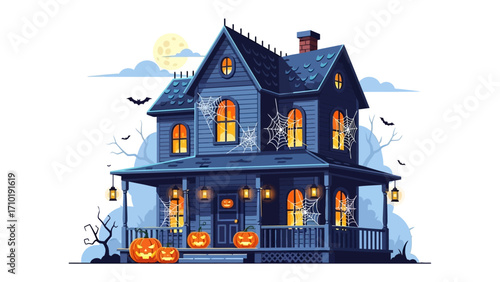 Spooky Halloween House: Spooky illustration of a haunted house adorned with Halloween decorations under a full moon. evoking mystery and delight for this seasonal celebration.