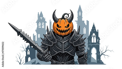 Pumpkin-headed Knight in Halloween Scene: A fierce pumpkin-headed knight, armed with a menacing sword, stands boldly before a spooky, gothic castle.