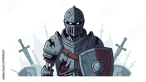 Undead Knight: A spectral warrior, clad in weathered armor, stands resolute amidst fallen swords and shields, embodying a haunting tale of valor and the relentless march of time. 