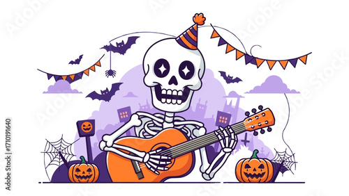 Spooky Musician's Halloween Serenade: A cartoon skeleton serenades with a guitar at a festive Halloween gathering, evoking eerie delight and musical celebration amid pumpkins, bats and spiders.