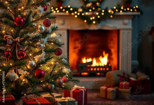 A softly lit Christmas tree with ornaments, presents underneath, and a crackling fireplace in the background,  gift,  wood