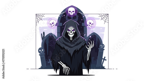 Grim Reaper in a Spooky Grave: A haunting depiction of the Grim Reaper, cloaked in black, against a backdrop of a graveyard, evoked a feeling of the essence of death, Halloween, and the supernatural.