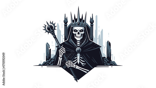 Skeletal Ruler: A regal illustration of a skeletal figure adorned with a crown, gripping a scepter, seated upon a throne, embodying power and authority.