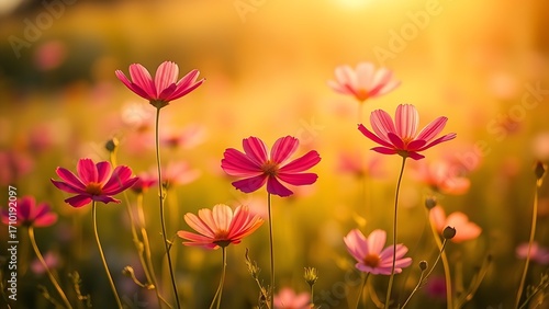 Wallpaper Mural A field of bright cosmos flowers bathed in warm sunlight, creating a dreamy and vibrant scene. Torontodigital.ca