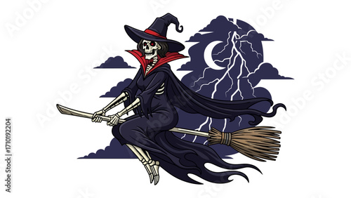 Witch's Flight: A skeletal witch soars across a stormy sky, embodying Halloween's spooky essence with a touch of fantasy.