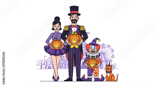 A Halloween Carnival: A cheerful ensemble, dressed for a Halloween carnival, is posed with illuminated pumpkins and grinning cat, against a backdrop of fairground delights.
