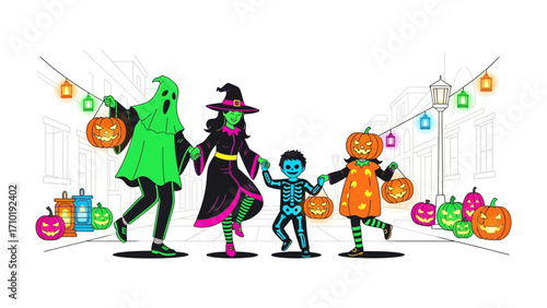 Halloween Gathering: A spirited family, adorned in festive Halloween costumes, strolls joyfully down a whimsical street, carrying jack-o'-lanterns, creating a scene of enchanting fun.