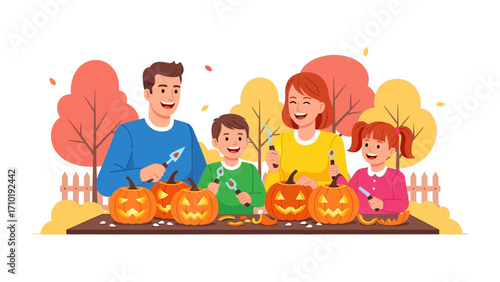 Family Pumpkin Carving: A heartwarming family gathers around a table adorned with pumpkins and carving tools, engaged in the cherished tradition of preparing for Halloween with laughter and joyful.