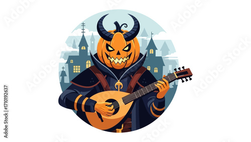 Spooky Serenade: A sinister jack-o'-lantern figure with horns and a cape strums a lute against a backdrop of eerie architecture, epitomizing a haunting musical performance. 