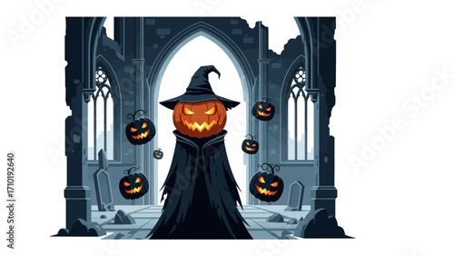 Spooky pumpkin-headed figure in eerie setting: An illustrative display of a spooky pumpkin-headed figure with a witch's hat, emerging from a ruin, surrounded by floating jack-o'-lanterns.