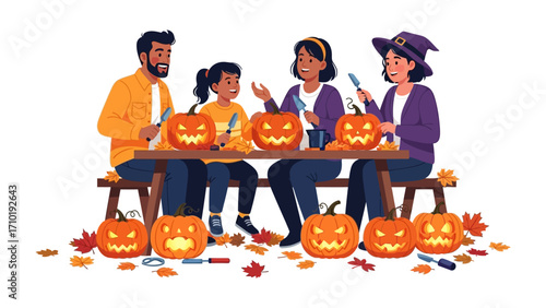 Family Carving Pumpkins: A family engages in the festive Halloween tradition of carving pumpkins, creating jack-o'-lanterns with joy and creativity.