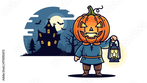 Spooky Halloween Character: A whimsically illustrated Halloween character with a carved pumpkin head, holding a lantern, stands before a haunted house under the night sky.
