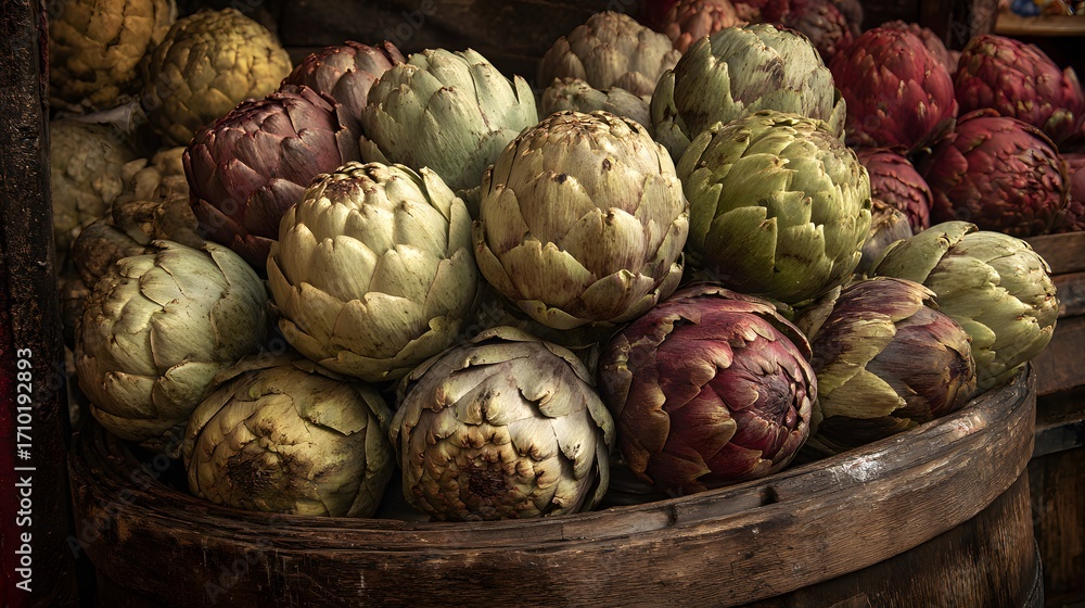 Fototapeta premium A colorful assortment of artichokes in a rustic wooden barrel, showcasing the variety of hues