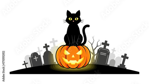 Spooky Black Cat & Halloween Pumpkin: A cartoonish black cat sits atop a carved jack-o'-lantern amidst a shadowy graveyard. A whimsical depiction of the spooktacular essence of Halloween.