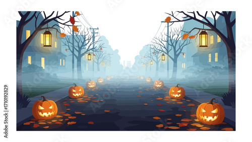 Spooky Halloween Street: A vibrant illustration showcases a mysterious street scene, lined with illuminated jack-o'-lanterns, creating a thrilling atmosphere, with streetlights.