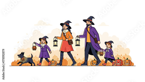 Magical Halloween Stroll: A family of four and a dog, illuminated by lanterns, walk forward in a warm autumnal scene, wearing witch hats, creating an enchanting and inviting atmosphere.