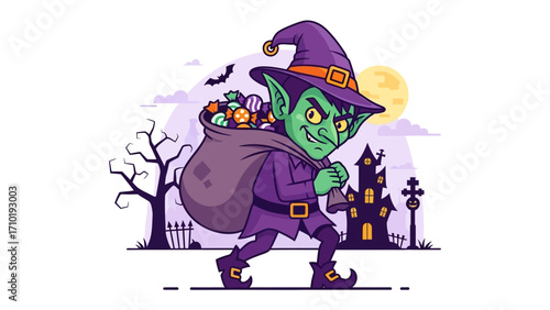 Halloween Goblin with Sweets: An eerie, cartoonish goblin, adorned in a pointed hat, carries a sack bursting with candies as it navigates a spooky Halloween night scene.