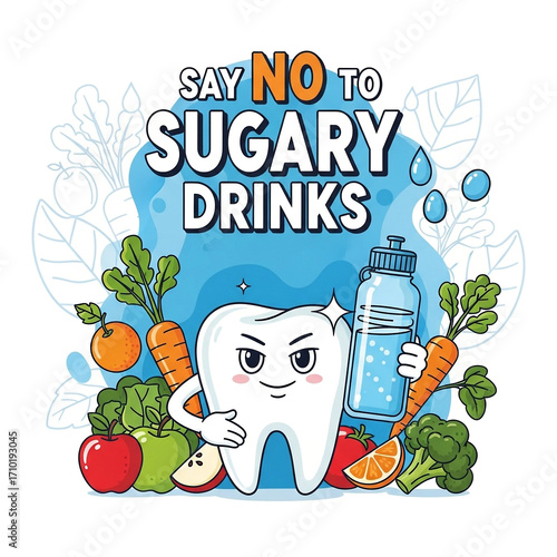 Cartoon tooth saying no to sugary drinks with healthy food
