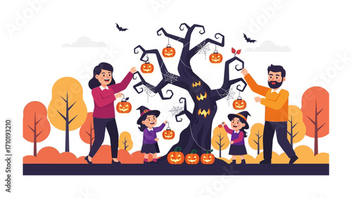 Family Halloween Fun: A heartwarming illustration capturing a family joyfully decorating a gnarled tree with carved pumpkins during Halloween.