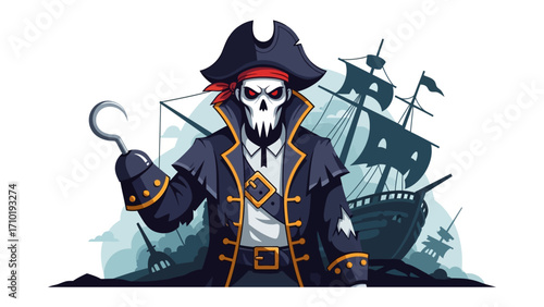 The Pirate's Ire: A formidable pirate with a menacing skull face, red bandanna, and hook hand stands defiant against the backdrop of a dark, foreboding ship.