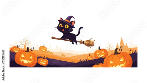 Whimsical Halloween Cat: A charming illustration of a black cat wearing a witch's hat, riding a broomstick across a landscape of carved pumpkins and spooky silhouettes.