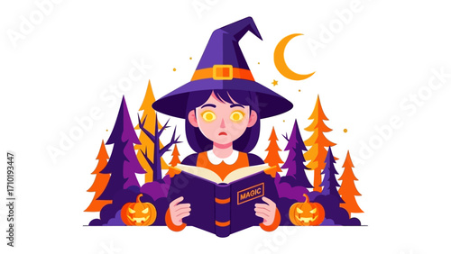 Enchanting Sorceress in the Spooky Woods: An enchanting sorceress delves into her spellbook amidst a whimsical forest under the watchful gaze of the crescent moon.