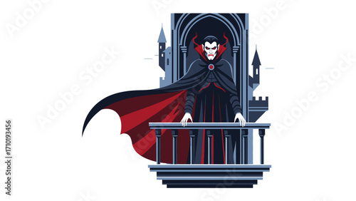 Vampire at Castle Balcony: A captivating illustration of a mysterious vampire figure, standing on the balcony of a gothic castle, wrapped in a cloak and radiating an air of intrigue and foreboding. 