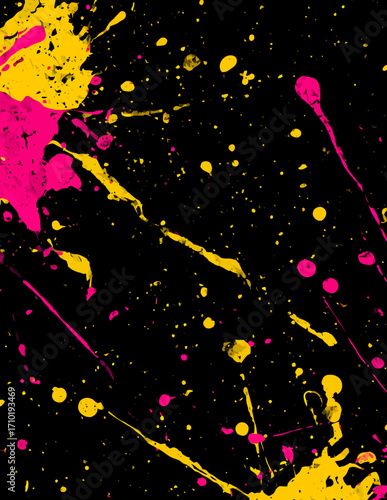 Abstrakter Hintergrund mit Farbspritzer in Pink und Gelb auf Schwarz