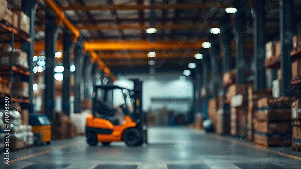 Fototapeta premium Industrial warehouse scene with a forklift in the distance, captured under atmospheric workplace lighting.