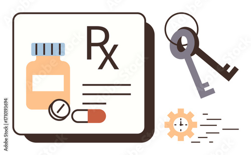 Prescription with pill bottle, pills, keys, and clock gear symbolizing health, security, and time efficiency. Ideal for healthcare, productivity access wellness routine planning. Simple flat