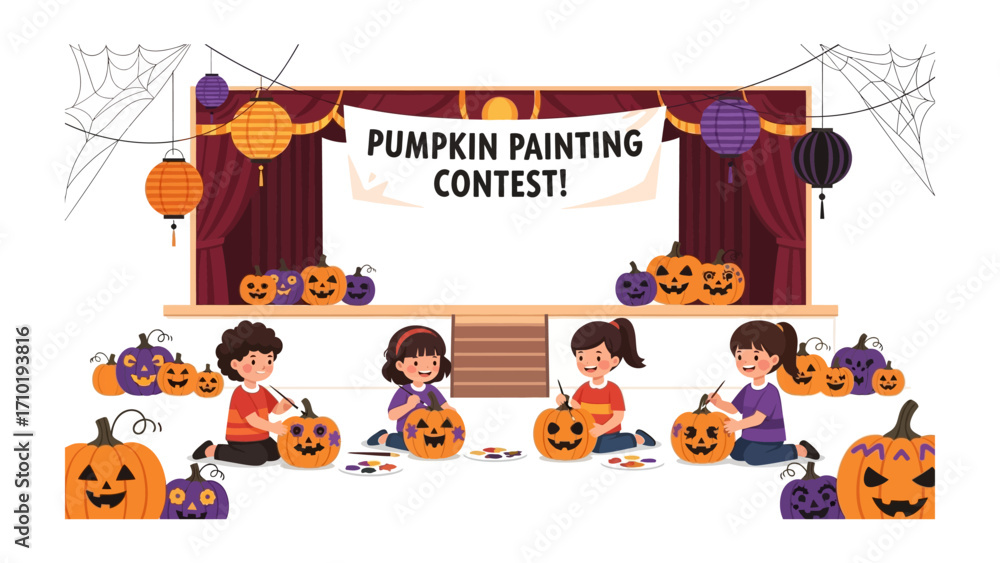 Fototapeta premium Pumpkin Painting Contest: A joyful illustration of children at a pumpkin painting contest, creating festive Jack-o'-lanterns for a Halloween event, showcasing creativity, community spirit.