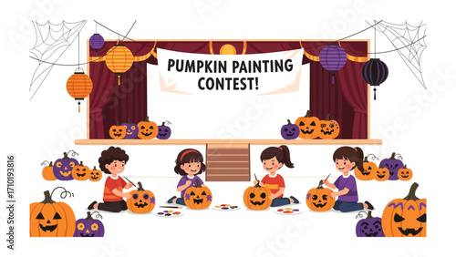 Pumpkin Painting Contest: A joyful illustration of children at a pumpkin painting contest, creating festive Jack-o'-lanterns for a Halloween event, showcasing creativity, community spirit.
