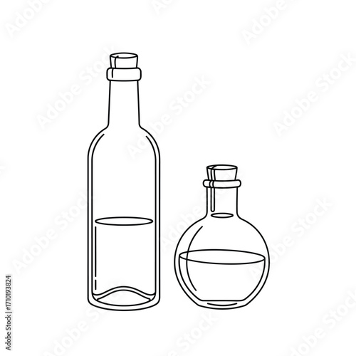 Vector art of two glass bottles with liquid, one tall and narrow, the other short and round, both with cork stoppers
