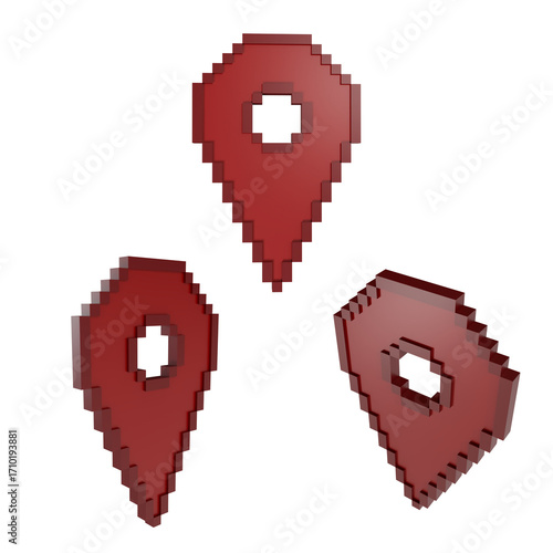 3D render red pixelated map location pin icon, symbolizing GPS, navigation, and geolocation. Modern digital design for apps, maps, online services, and technology concepts.