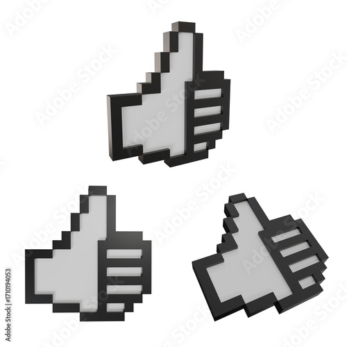 3D render pixelated thumbs up icons in black and white design, symbolizing like, approval, and positive feedback. Modern digital concept for social media, apps, and online communication.