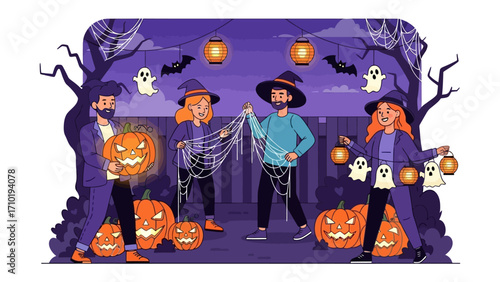 Halloween Gathering: A whimsical and atmospheric scene of a Halloween gathering, complete with a haunted house, a spooky witch and various traditional Halloween elements. 