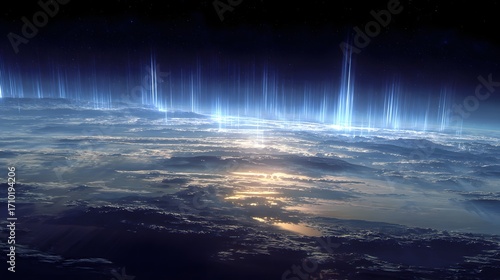 Sprites over the earth seen from space with blue light illuminating the clouds and the atmosphere