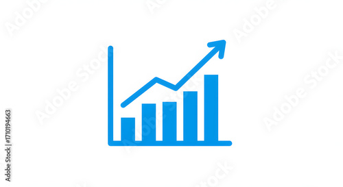 A blue icon of a bar chart with an arrow pointing up for digital design, illustration, visual communication, or stock photography