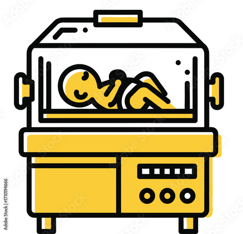 Stylized illustration of a newborn baby in an incubator