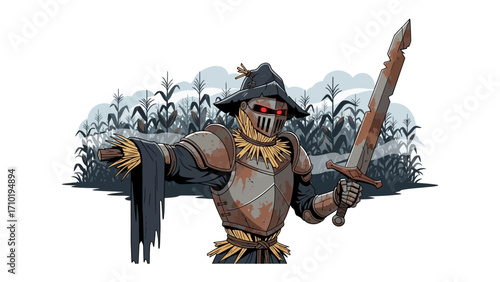 Scarecrow Warrior in Cornfield: A formidable scarecrow warrior brandishing a rusty sword stands guard amidst a cornfield, its intense gaze promising protection or perhaps a touch of dark mystique.