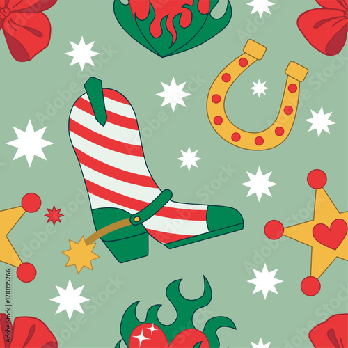 Cowgirl Christmas Seamless pattern. Cowboy western theme, Boot like Christmas Candy canes, Bow, Heart in Red and Green Christmas Style. Hand-drawn vector print for Wrapping paper, New Year Party.