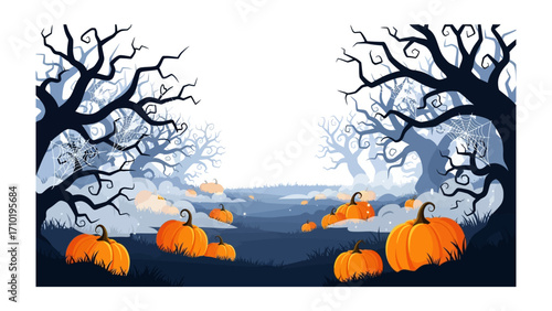 Spooky Halloween Pumpkin: This digital art illustration depicts an eerie Halloween scene with pumpkins, spooky trees, and a ghostly atmosphere.