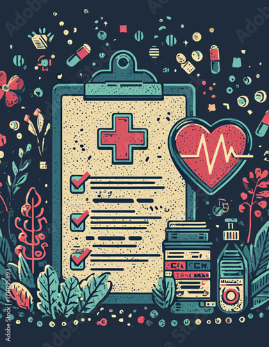 Vektorillustration: Medizinische Checkliste mit Herzschlag und Naturmotiven