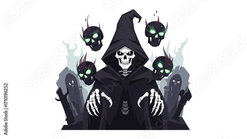 Grim Reaper with Spooky Companions: A formidable Grim Reaper stands in a dark cloak, surrounded by spectral skulls, conjuring an atmosphere of eerie mystery and supernatural intrigue.
