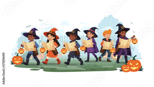 Halloween Adventure: A whimsical scene unfolds as a group of children in enchanting Halloween costumes embark on a trick-or-treating escapade.