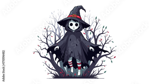 Whimsical Witch in a Forest: A captivating illustration of a charming witch, donning a classic pointed hat and cloak, emerges from an ethereal forest setting.